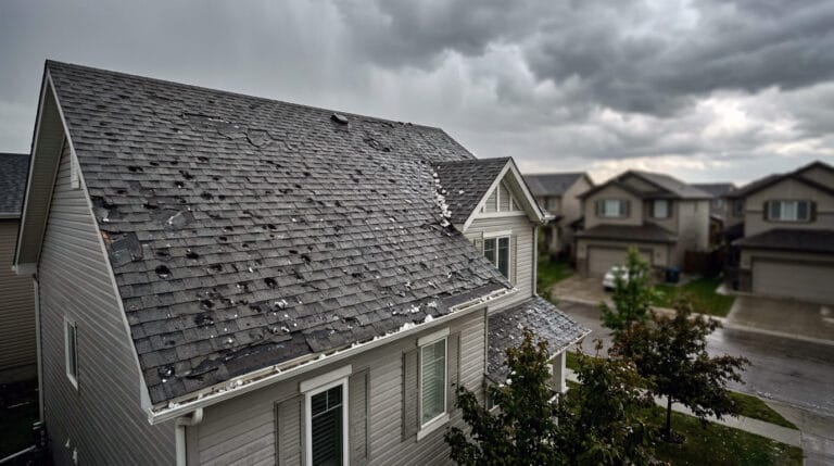 Roofing & Exterior Advice 2 Impact‑resistant asphalt shingle roof on a Calgary suburban home showing visible hail damage and remaining hailstones after a severe summer storm.